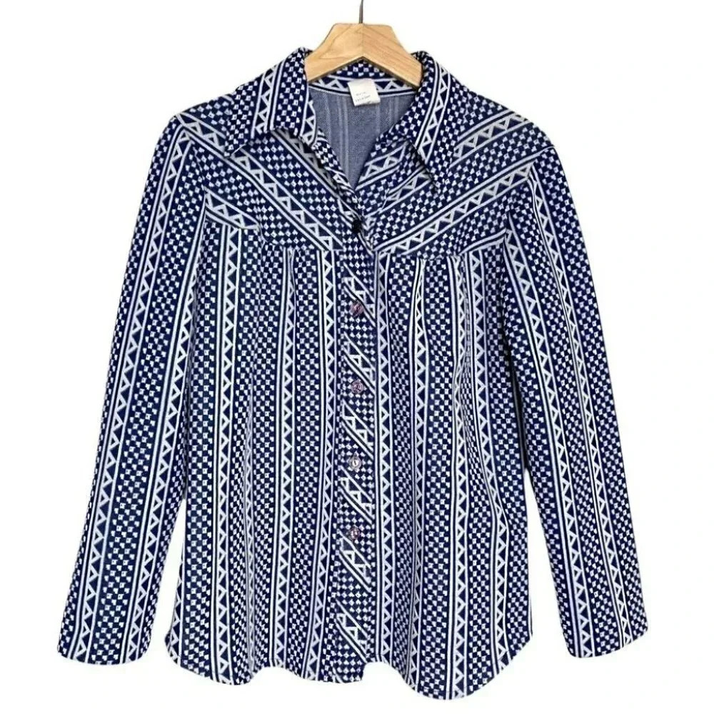 Sears Button Down Shirt 14 Blue Vintage 70s Geometric Rare Find Long‎ Sleeve